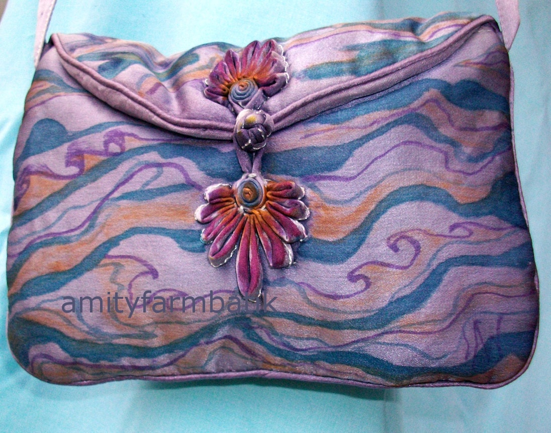 Silk Shoulder Purse  - Purple lavendar  -  Ocean Waves  -  hand dyed and painted