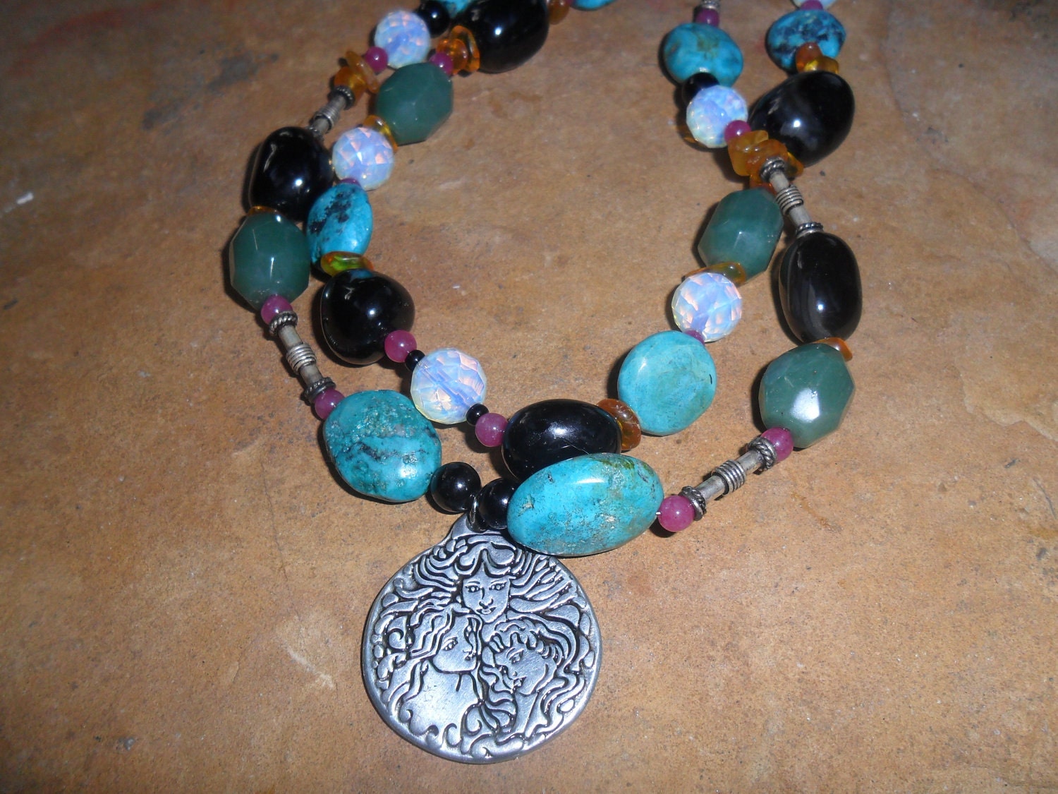 Goddess Necklace Turquoise, Amber, Onyx and Crystal Necklace