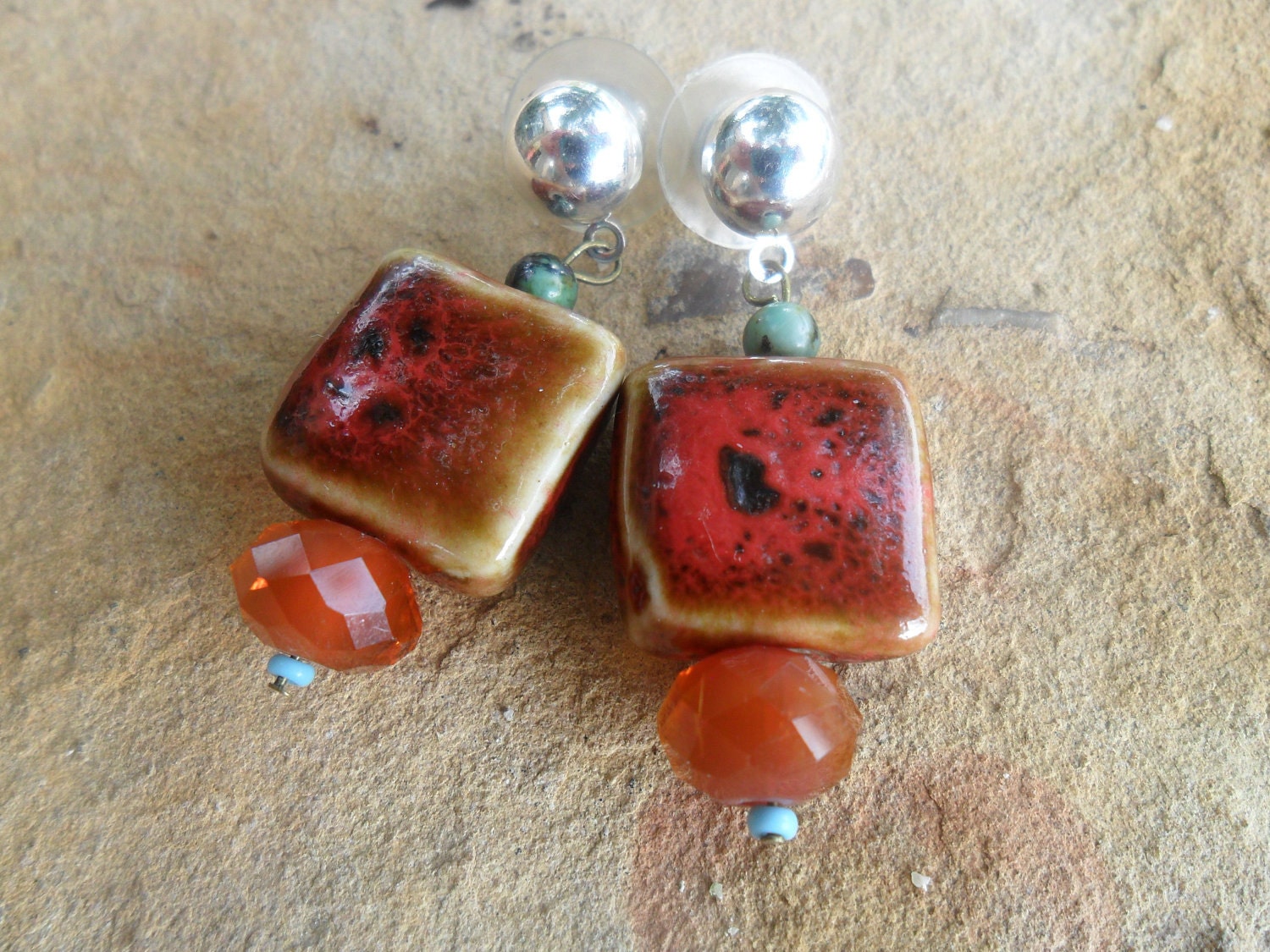 Dangle Earrings of Brown toned Ceramic and Crystal  beads