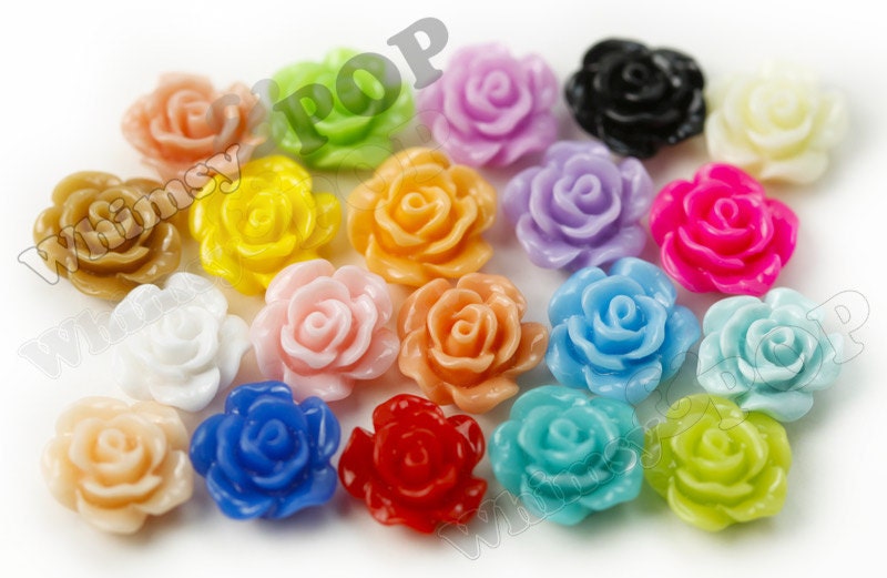 36 - Mixed Colors Small Detailed Flower Rose Resin Cabochons, Rose Shaped, 10mm x 10mm x 4mm (R1-073 - R1-089mix)