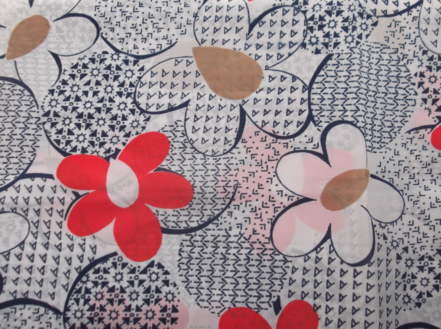 Retro Flower Print Orange Black White Fabric Yardage