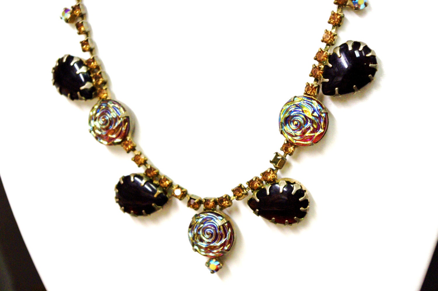 Antique Molded Aurora Borealis Rose Art Glass, Orange Citrine & AB Rhinestones Prong Set Chevron Necklace