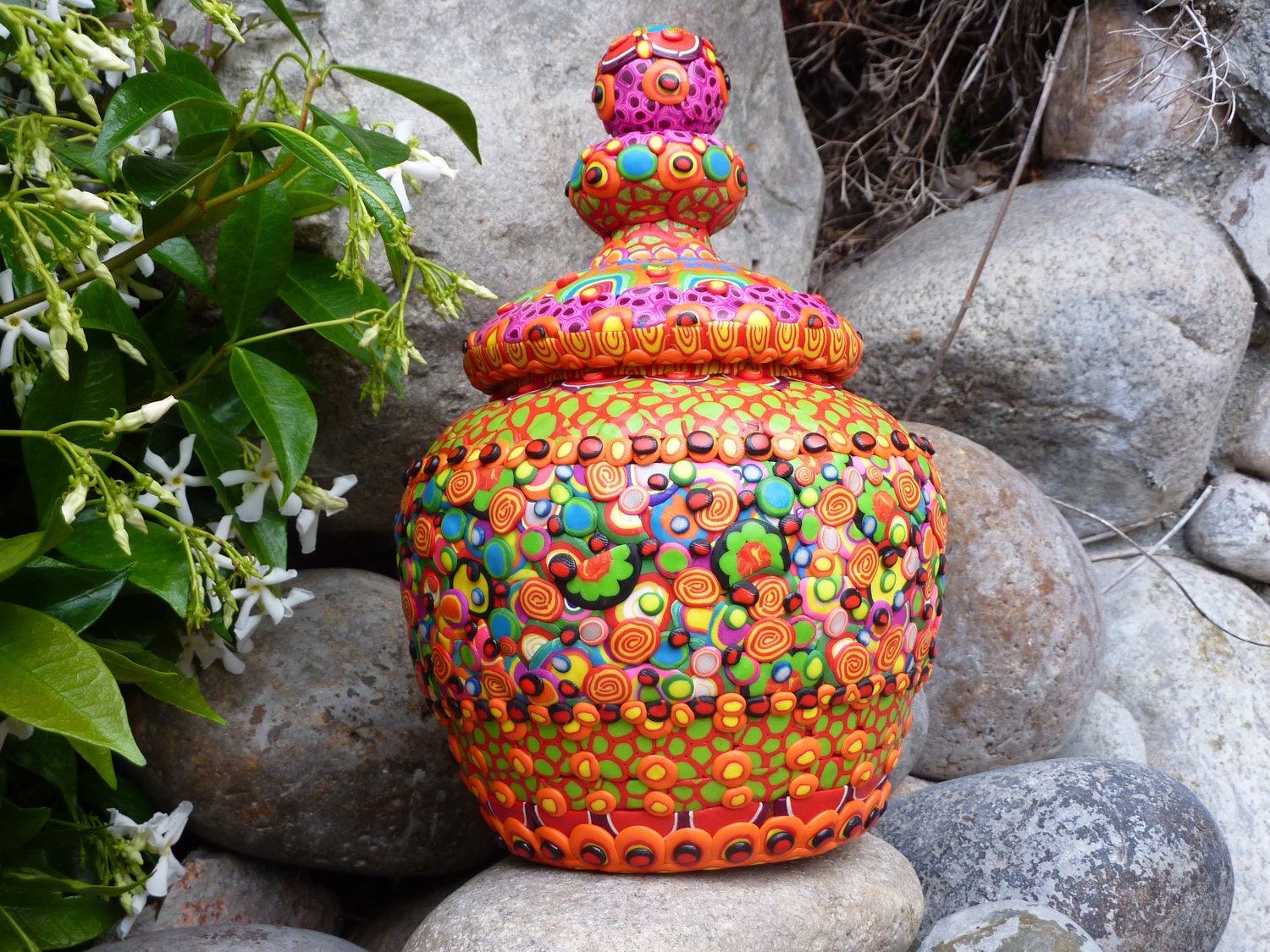 Ceramic Cookie Jar Treat Jar Stash Jar with Clay Mosaic, "Eye Candy" - CrazieHappy