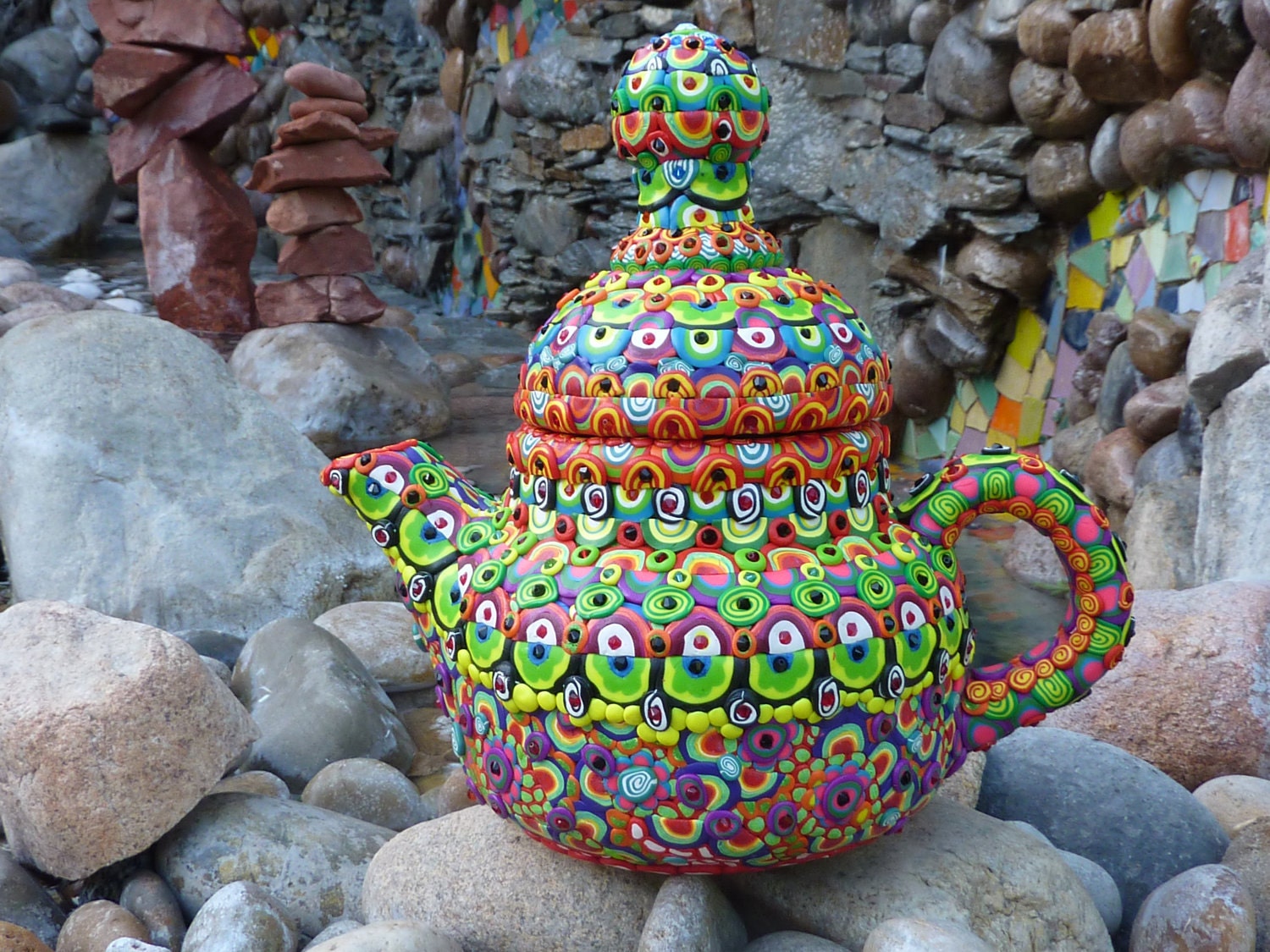 Ceramic Teapot Transformed by Clay Mosaic, "Mrs. Piggle Wiggle"