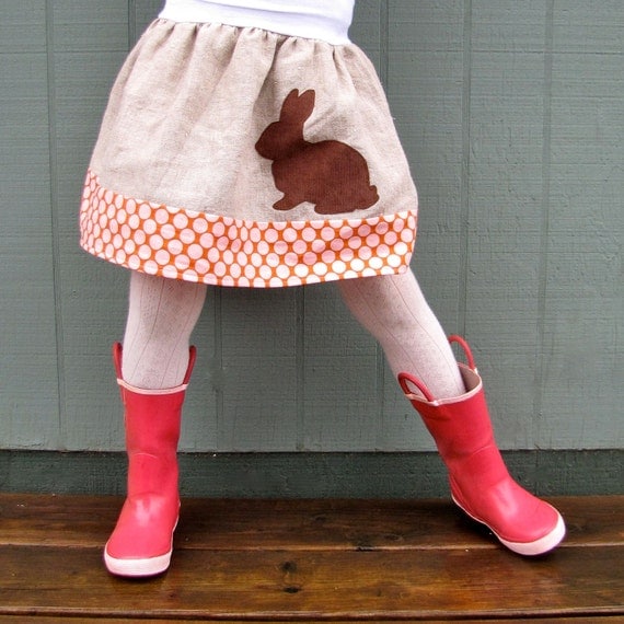 girls skirt - sophie's yoga-top - spring rabbit in chocolate corduroy, natural linen, and polka dot