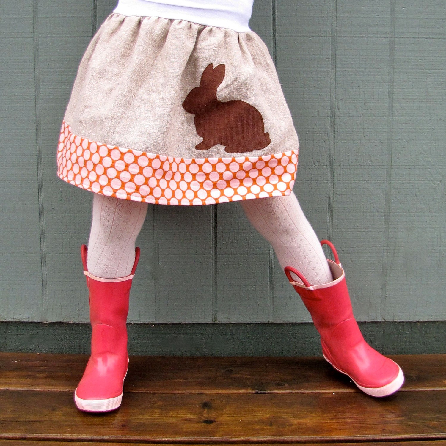 girls skirt - sophie's yoga-top - spring rabbit in chocolate corduroy, natural linen, and polka dot