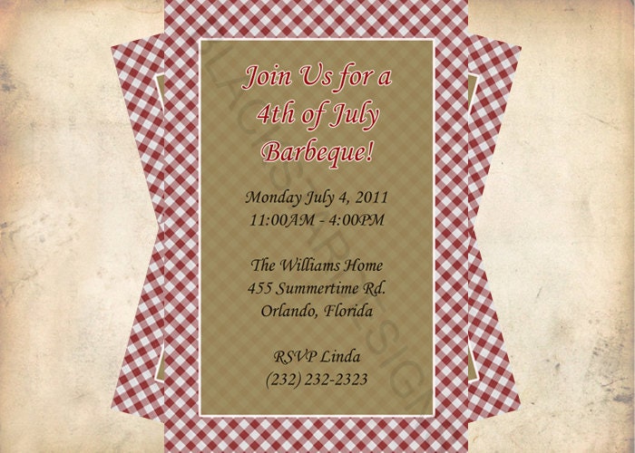 Gingham Party Invitation - Summer Spring BBQ Invite - Custom Made to Your Wording