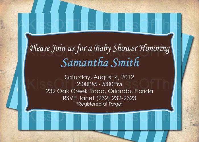 Baby Shower Invitation - Boy Blue Stripes Baby Announcement - Custom Made Invite
