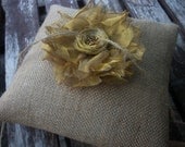 Burlap Ring Bearer Pillow/Cushion for your Nature Woodland Fall  Wedding with Golden Yellow Metallic Organza Fabric Flower
