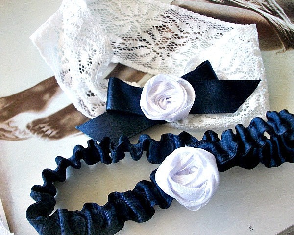 Bridal Garter  Set in White Stretchy  Lace, Navy Blue Satin Ribbon and White Rosettes