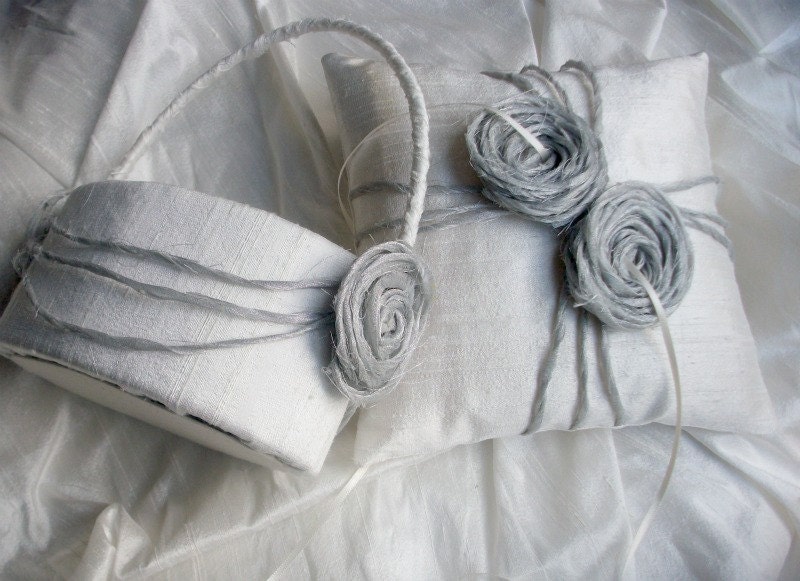 Ring Bearer Pillow and Oval Flower Girl Basket Set in Ivory or White Raw Silk with Metallic/Silk Organza Rosettes