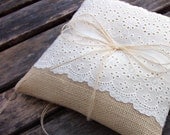 Rustic Ring Bearer Pillow in Ecru Burlap and White Eyelet Lace Trim