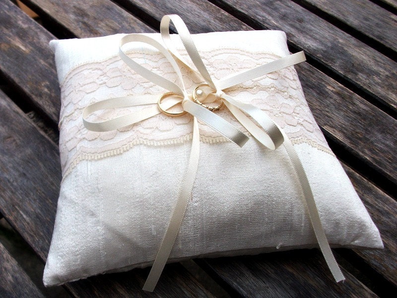 Wedding Ring Bearer Pillow, ring cushion in Ivory Raw Silk With a Strip of Champagne Lace