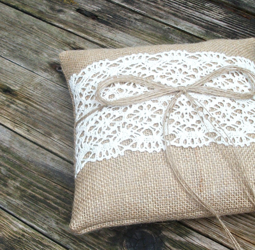 Rustic Natural Burlap/Hessian Wedding Ring Bearer Pillow/Cushion with Cream Cotton Lace