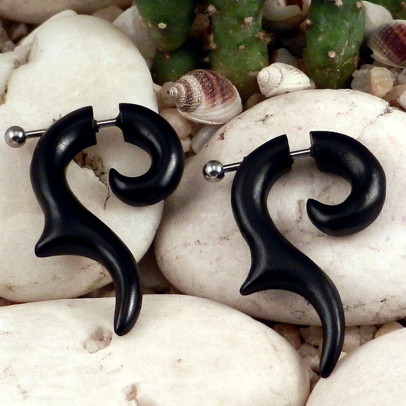 Fake Gauge Earrings -- SPRING SALE -- 1 Pair Organic Wooden Fish Hook Fire Swirls - Black Wood Earrings - (By Fake Gauge Organics)