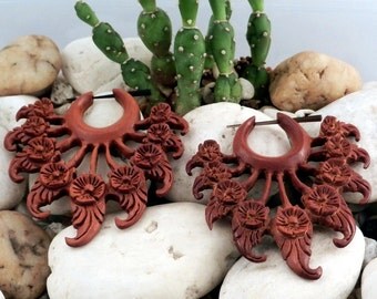1 Pair Organic Sabo Wood Earrings - Alstroemeria Flowers - Fake Gauge Organics - NEW