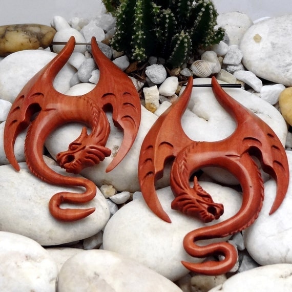 SPRING SALE -- 1 Pair Organic Natural Wooden Earrings - Winged Horned Dragon - Dramatic 3-1/8" Tall - Fake Gauge Organics