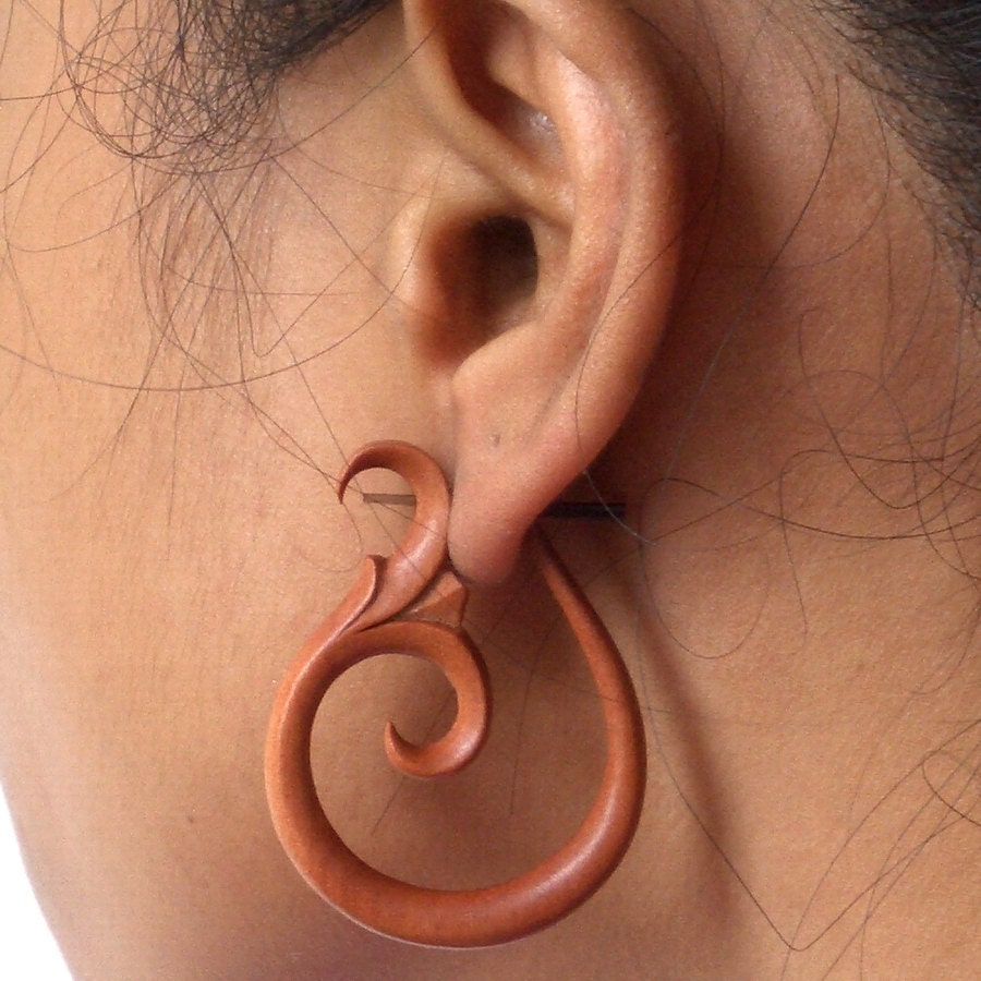 SPECIAL SALE -- 1 Pair Organic Wooden Earrings - Helena French Curl Hoops - Sabo Wood - New Design - Fake Gauge Organics