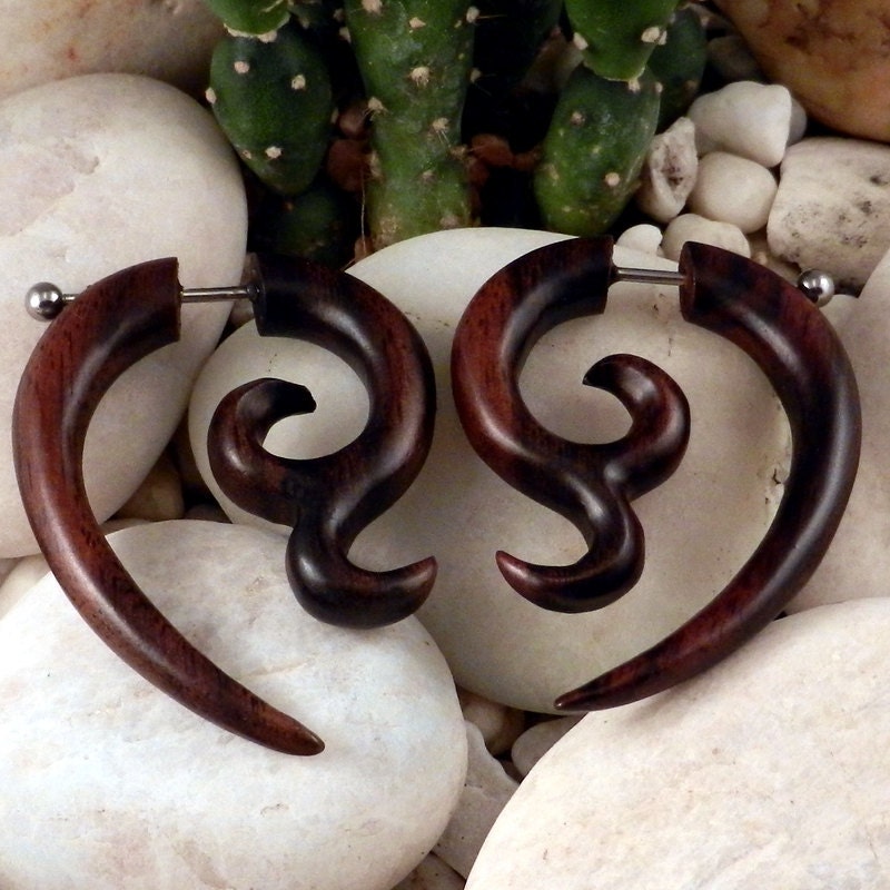 SPRING SALE -- Fake Gauges - 1 Pair Charming Fleur De Lis Buds - Organic Sono Wood - Wooden Earrings - (By Fake Gauge Organics)
