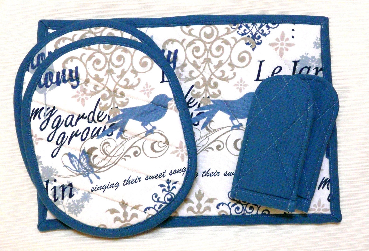 Trivet, Pot Holders and Pot Handle Holders Set Blue French Country READY TO SHIP