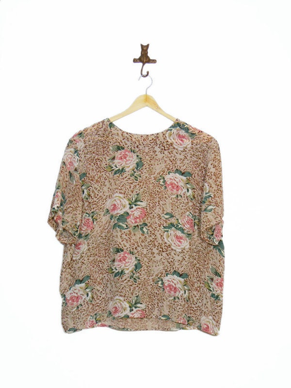 Wild Rose Floral Short Sleeve Silk Blouse Sz L