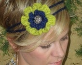 Navy and celery green crocheted flower 2 strand headband