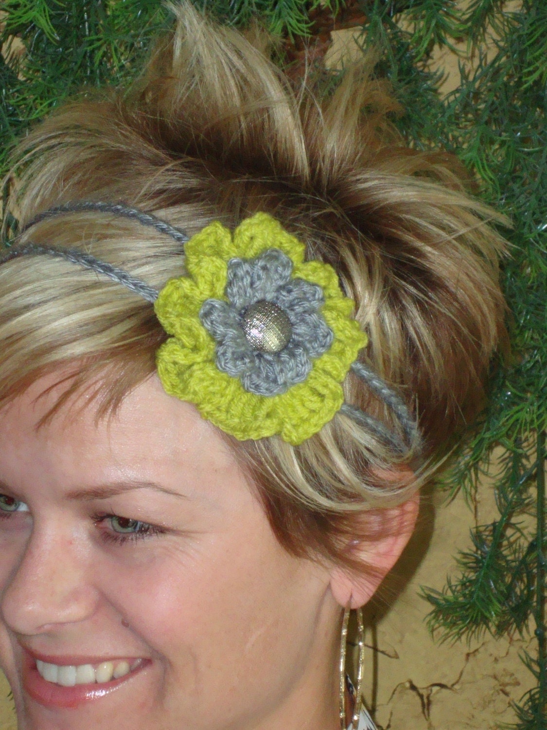Gray and celery green crocheted flower 2 strand headband