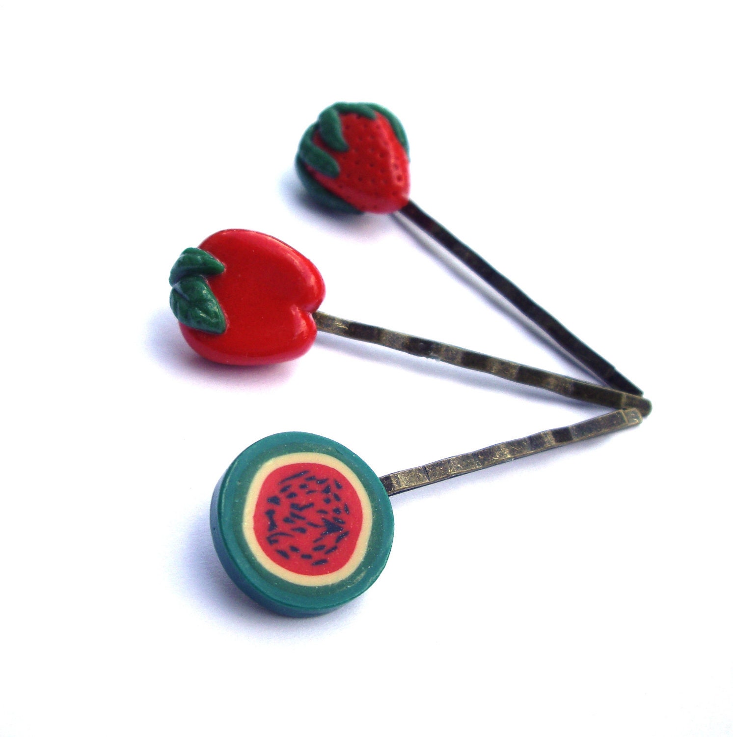 Hair pins, Miniature food, red, apple, watermelon, strawberry, fruit, summer fruit,