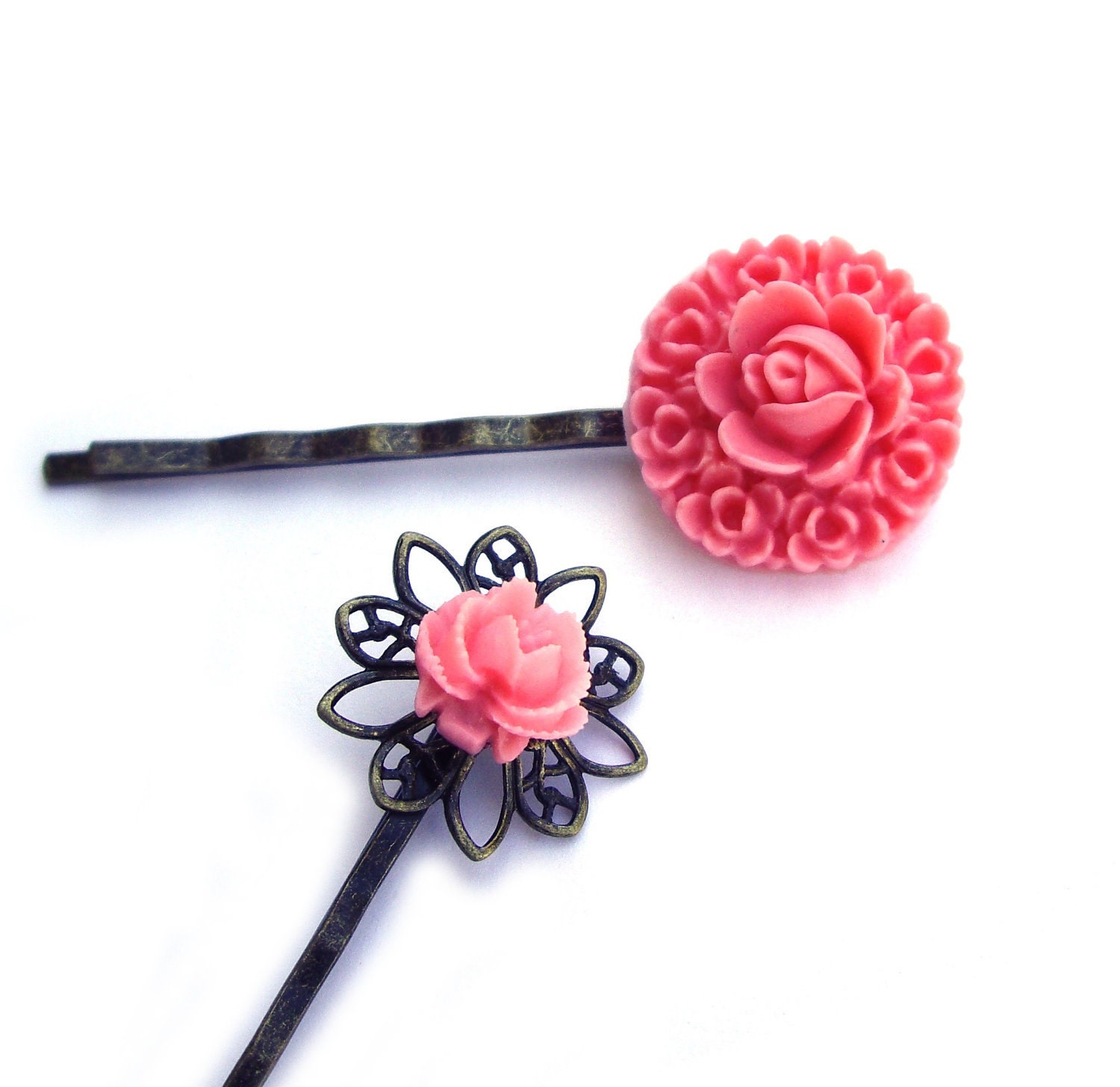 Flower hair pins, pink flower hairpins, rose hair pins, Set of 2 bobby pins