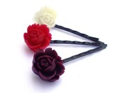 Flower Hair pins red, burgundy wine, white rose Set of 3 resin bobby pins