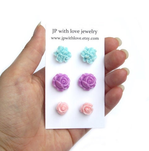 Flower Stud earrings, turquoise studs, purple studs, pink post earrings set of 3