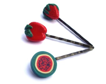 Hair pins, Miniature food, red, apple, watermelon, strawberry, fruit, summer fruit,