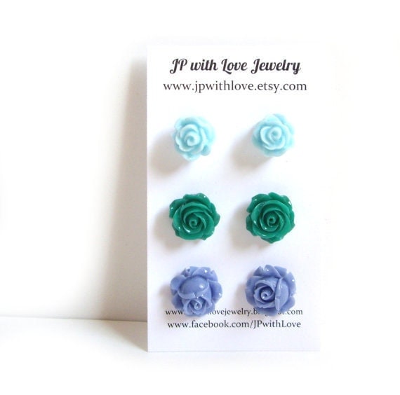 Turquoise Stud earrings, flower stud earrings, blue stud earrings, green stud earrings, flower rose, bridesmaid gift, resin flower jewelry