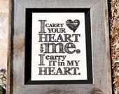 Heart quote Print - E. E. Cummings - 16x20 - "I carry your heart with me" - Typographic print