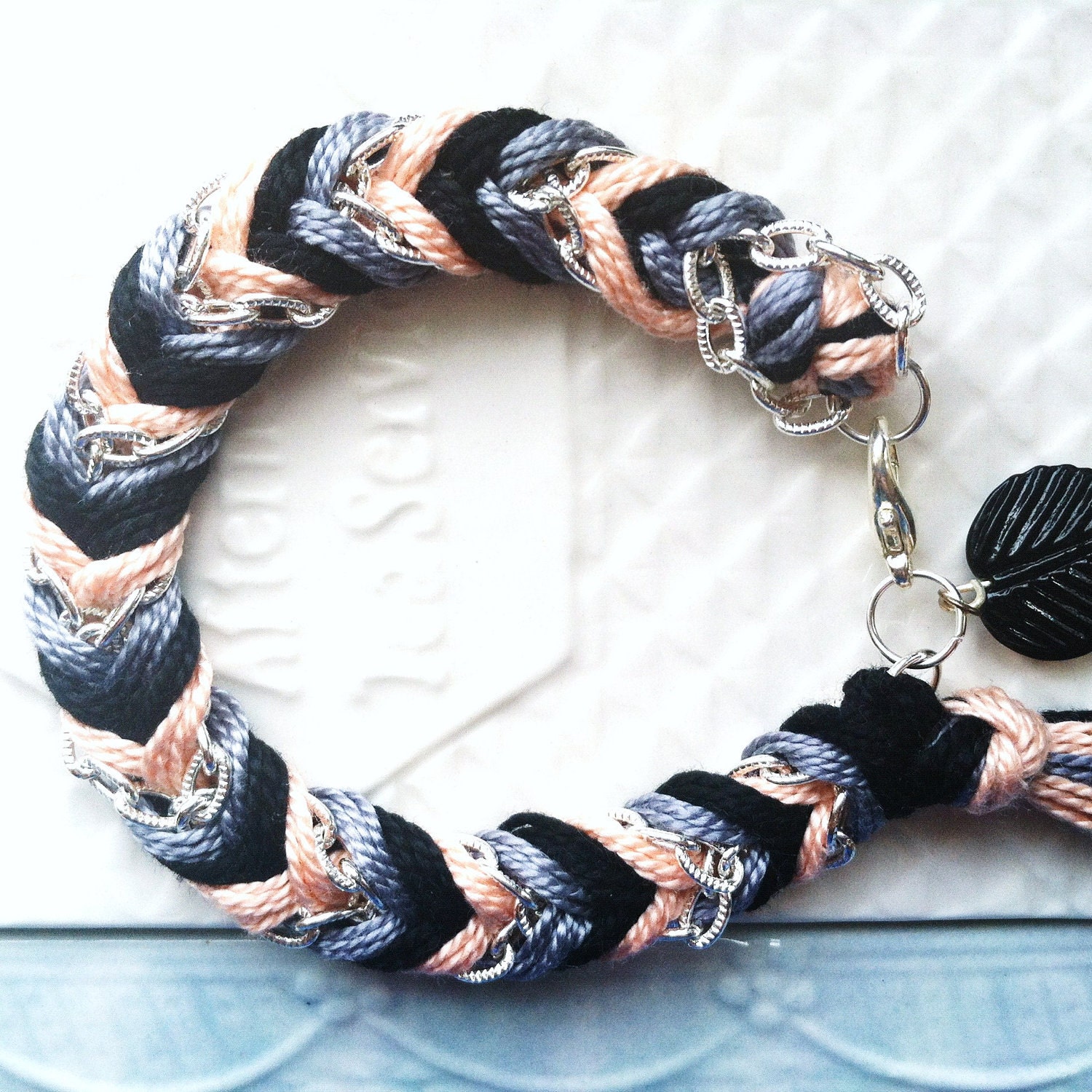 10 Dollar SALE - 3 DAYS ONLY : Chevron Braided Modern Friendship Bracelet - Melon, Slate, & Noir Black