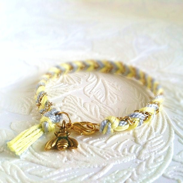 10 Dollar SALE: Chevron Braided Modern Friendship Bracelet - Fluorescent Yellow & Ice Grey