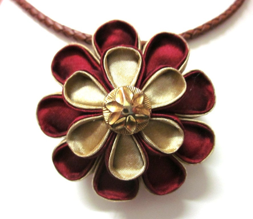 HEART OF GOLD - Red and Gold Silk Kanzashi Flower Pendant Necklace