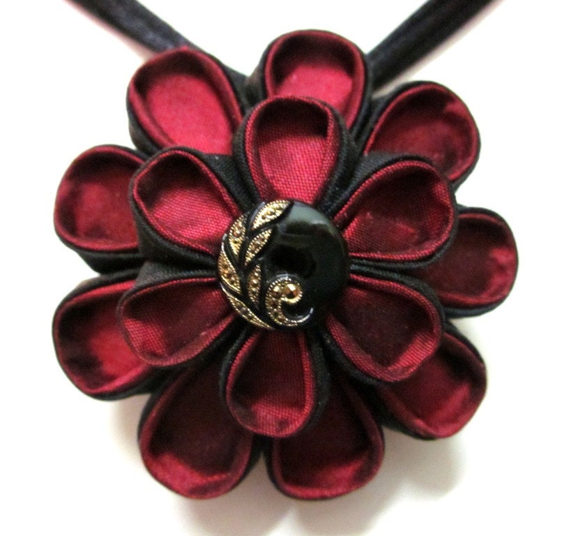 RED RED ROSE Silk Kanzashi Flower Necklace Pendant