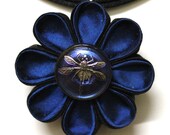 DRAGONFLY BLUE Silk Kanzashi Flower Necklace Pendant with Dragonfly glass button