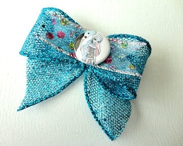 Monster High (Inspired) Abbey Dominable Deluxe Tweenie Bow with MuliColored Poka Dot Glitter and Sheer Glitter Blue Ribbon