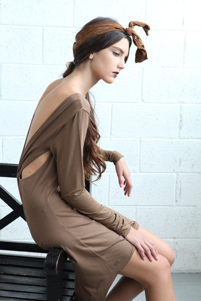Sale 70% off,backless dress, Open Back Women Dress - Brown - naftul