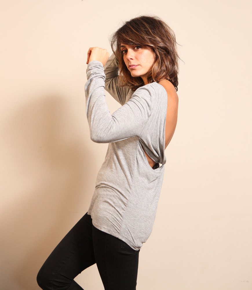 Gray Open Back Women Top Long Sleeve