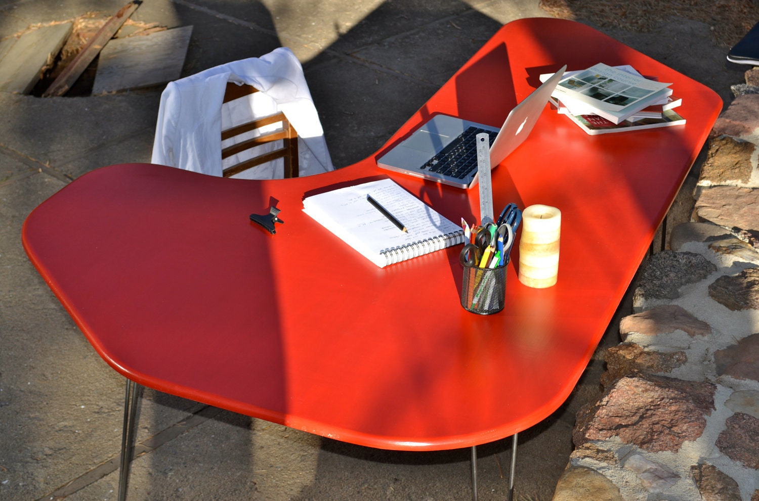 DESK: Red Mid-Century Modern Desk With Hairpin Legs