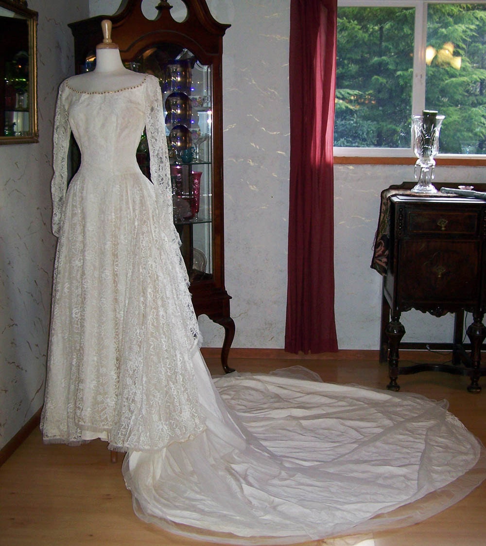 Its Love Love Love-Stunning Vintage Antique 1940s Silk Lace Rhinestone edged 5 ft. Train Wedding Gown