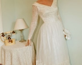 Vintage Princess 1940s Knife Pleated Tulle and Chantilly lace Wedding Dress-Nude Neckline-Gorgeous