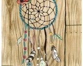 Illustrated Dreamcatcher Dream Catcher Feathers woodgrain - Print of Original Painting Collage - by Paper Taxi
