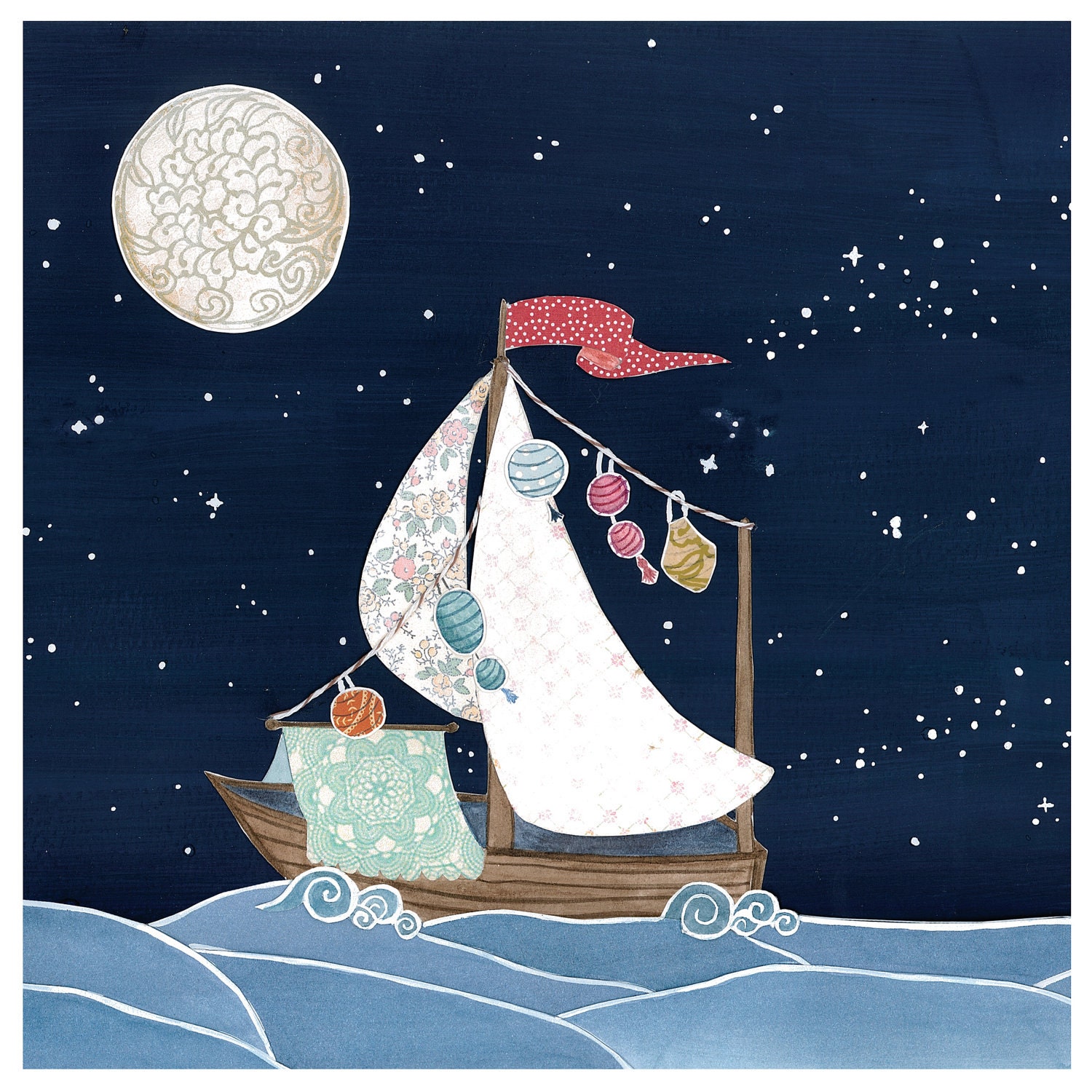 Boat Ship Sail Night Sky Stars Moon Cut Paper Dream - Print of Original Painting Collage by Paper Taxi