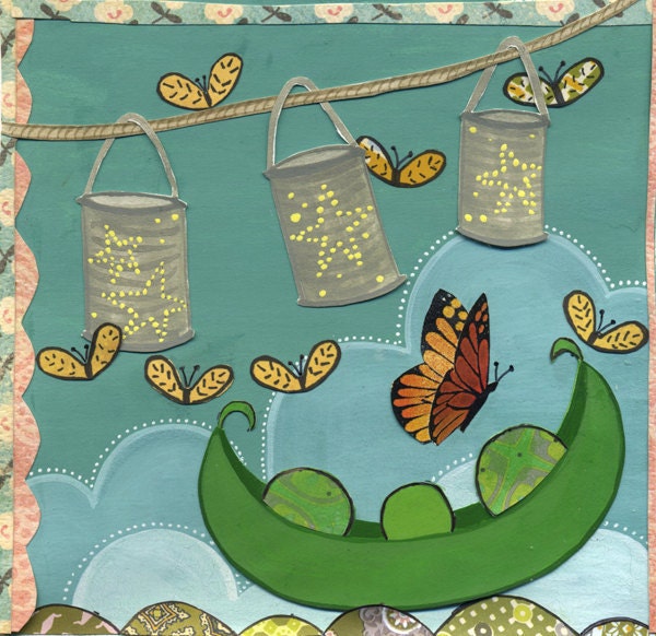Nursery Baby Butterflies Peapod Cut Paper Butterfly - Large Print of Original Painting Collage by Paper Taxi