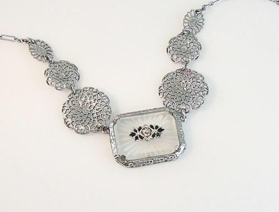 Vintage Art Deco Camphor Glass Necklace Enamel Rhodium Filigree Paste Stone 1930s Jewelry