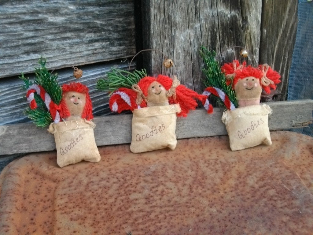 Primitive Doll and Candy Cane Christmas Ornaments